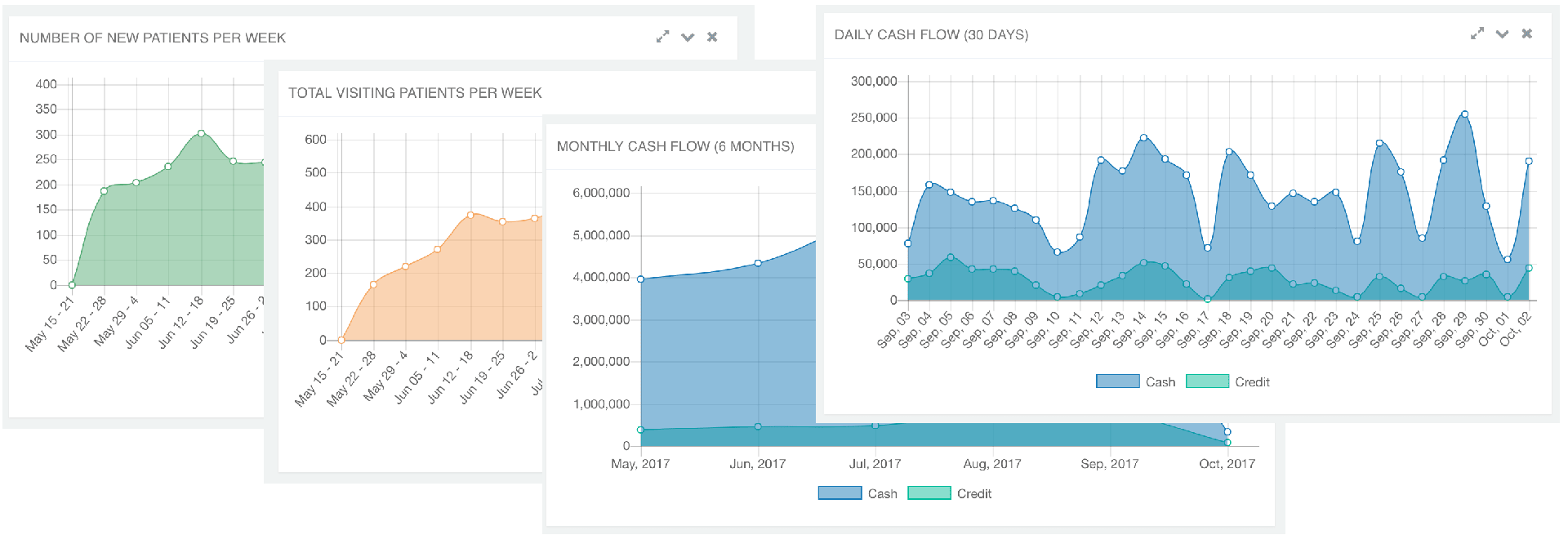 IntelliCare reports: new patients, visiting patients and cash flow